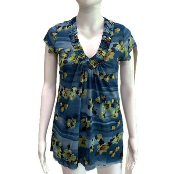 Sweet Pea Floral Double Mesh Tee Size XL Cap Sleeve Ruched Ruffle Deep V Neck - Picture 1 of 12